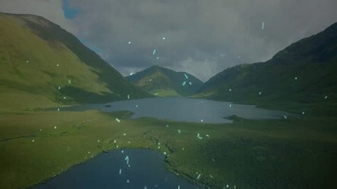 Medical symbols and data processing animation over scenic mountain landscape. Healthcare, medicine, technology, analytics, connectivity, innovation