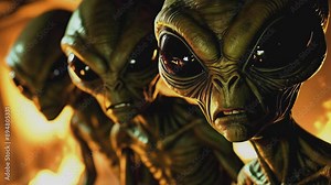 Angry aliens emerge from the shadows in a dimly lit scene, creating a tense and eerie atmosphere. Their menacing presence suggests a confrontation or invasion, evoking feelings of fear and suspense.