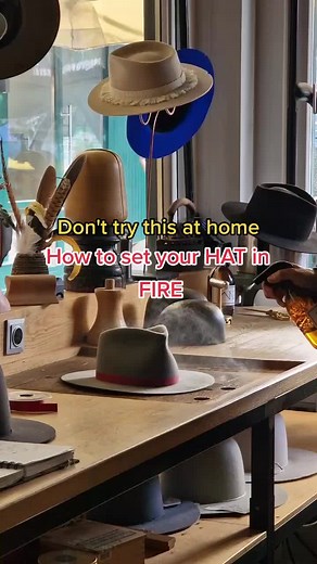 How to set your hat on fire 🔥 DON'T TRY THIS AT HOME 1. Spray felt with pure alcohol 2. Use match to set on fire 3. Use steam to put out the flame 4. Use jet flame for extra patina 5. Rub in burns to deepen the patina 6. Repeat if needed ___ All our hats are fully handmade orders yours online Link in BIO We ship worldwide 🌐 #Hatmakers #hatmaking #nomademoderne #burnthat #fire #donttrythisathome