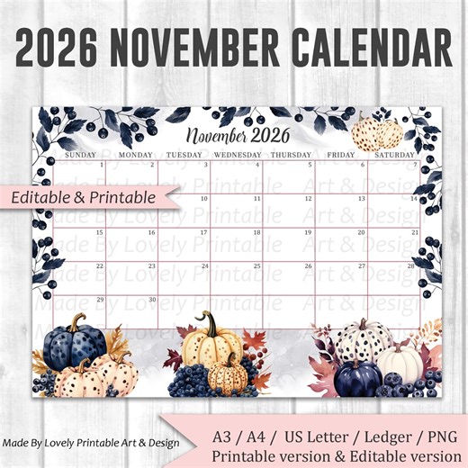 EDITABLE November 2026 Calendar, Watercolor Thanksgiving Day, Pumpkins, Autumn calendar, Printable Fillable Planner, Kids School Schedule