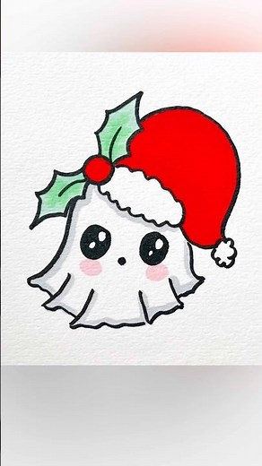 Christmas ready cute ghost | easy Christmas drawing for kids #christmashat #mistletoe #artforkids