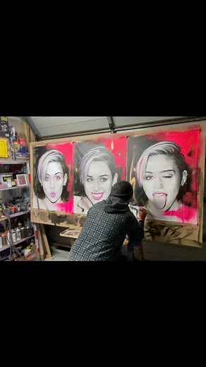 MYLEY CYRUS Triptych portrait artwork. Hand paint brush, airbrushed acrylics & aerosols on canvas. 76x60cm. One of a kind original fine art FOR SALE Enquire now christianchapmanart.com #myleycyrus #originalartwork #art #artforsale #christianchapmanart | Christian Chapman Art