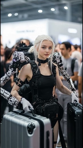 Exoskeleton helps the girl carry heavy loads 🦾💪😮😎 #exoskeleton #technology #futuristic