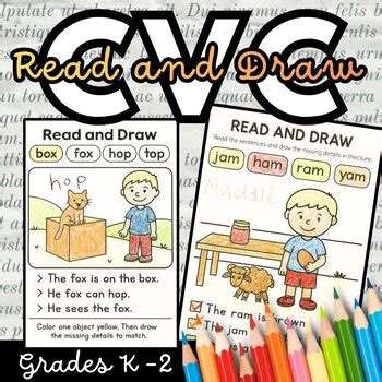 CVC Read and Draw Worksheets | Kinders & Grade 1 Reading Comprehension & Phonics
