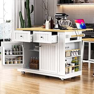 48” Portable Kitchen Island with Storage & Drop Leaf, Rolling Island Cart for Kitchen, Black Kitchen Island on Wheels with Power Outlet, Spice Rack, Towel Bar, Easy Assembly (White)