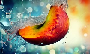 Peach Splash: A vibrant image of a juicy peach splashing into water, creating a dynamic and refreshing visual. The colors are vivid and the motion is captured beautifully.
