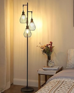 EDISHINE Stehlampe Wohnzimmer, 3-flammige Stehleuchte Dimmbar mit E27 LED-Glühbirnen, Käfig Lampenschirm aus Metall, 2700K warmweiß, Industrial Standleuchte für Schlafzimmer und Büro, 166 cm, Schwarz