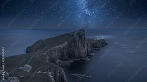 Milky way over the Neist point lighthouse at night, Scotland