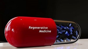 This animation includes a capsule showing regenerative medicine with encapsulated double helices.