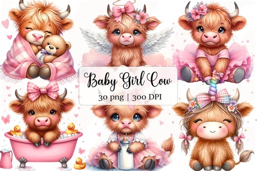 Baby Girl Highland Cow Watercolor Clipart Bundle, Newborn Children Nursery Art Sublimation Design, Watercolor Floral PNG Downloads - Etsy