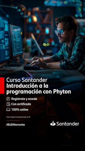 95K views · 104 reactions | ¿Quieres aprender a programar? #Python es el lenguaje perfecto para comenzar tu carrera tecnológica.  Únete a nuestro curso introductorio y comienza a construir proyectos reales desde el primer día. Sin coste, seas o no cliente de Banco Santander. | Santander Open Academy | Facebook