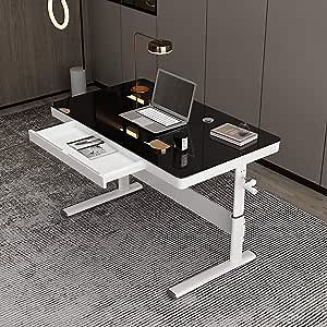 KINGBO Height Adjustable Desk Only for Sitting, 47 x 24 Inches Adjustable Computer Desk with Keyboard Tray, Desk for Studying/Working/Writing in Home Office (Black Tempered Glass Desktop/White Frame)