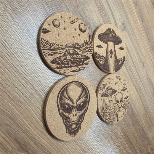 Alien UFO Cork Coasters - Set of 4 - Laser Engraved Space Decor - Retro Sci-fi Barware Gift for Him - Extraterrestrial Home Decor - Etsy