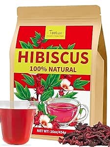 TeeLux Hibiscus Tea Loose Leaf, Dried Hibiscus Flowers Herbal Tea, Cut & Sifted, Refreshing Tart Flavor, Caffeine Free, Hot & Iced Tea, 16oz