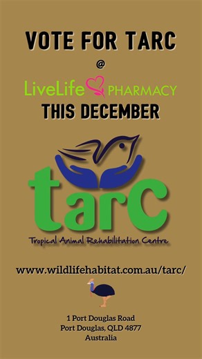🎉 Good news for our local wildlife! From Monday 1 December, TARC has been selected for the LiveLife Pharmacy Community Support Program in the Port Douglas–Mossman region. If you’re visiting a LiveLife Pharmacy this December, please grab a token at the counter and pop it into the TARC container. It won’t cost you a cent, but it helps us rescue, treat and rehabilitate injured, sick and orphaned wildlife right here in our region. 💚 #SupportLocalWildlife #PortDouglasMossman #CommunitySupport #Wild