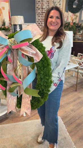 🎀 Statement bow season is here. This moss wreath is layered with luxe ribbon in the prettiest mix of blue, pink, and gold— plus a bow cuff— perfect for adding a little designer magic to your door or entry. 📍Available now at Aqua Oak | Aqua & Oak