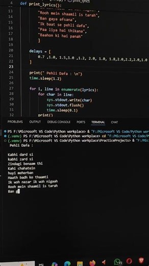 When coding meets creativity: a Python script that prints lyrics and plays a song in the background.