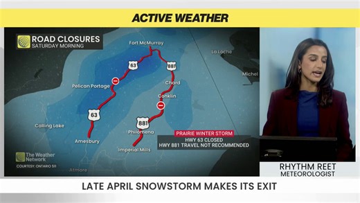 Late-April snowstorm causes road closures in Alberta