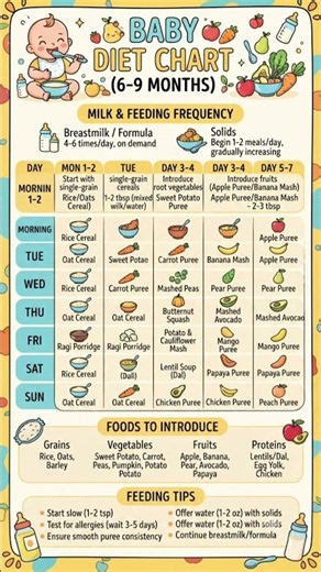 Baby Diet Chart for 6 to 9 months old baby | #babynutrition #healthyfeeding #babyvideos