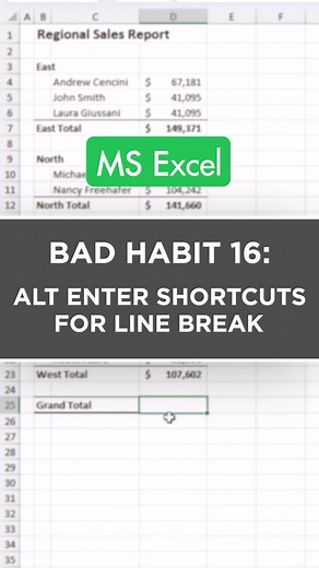 🚫 Excel Bad Habit #16: Avoiding Alt Enter Shortcuts for Line Breaks in Excel ↩️ To break this habit, simply click the cell where you want to insert a line break, press Alt Enter, and continue entering text. Excel will automatically wrap the text to the next line within the same cell. #Excel #ExcelCampus #ExcelTips #FormattingEfficiency #SpreadsheetWisdom #ProductivityBoost #TextOrganization | Excel Campus