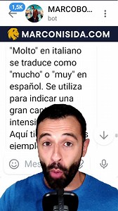 ¿Qué Significa "Molto" en Italiano 🇮🇹? (3 Ejemplos Concretos con Frases Útiles) #cursodeitaliano #aprenderitaliano #imparareitaliano #learnitalian "Molto" en italiano se traduce como "mucho" o "muy" en español. Se utiliza para indicar una gran cantidad o intensidad de algo. Aquí tienes algunos ejemplos de frases útiles: 1. Ho molto lavoro da fare. (Tengo mucho trabajo que hacer.) 2. C'è molto rumore in questa sala. (Hay mucho ruido en esta sala.) 3. Sono molto felice di vederti. (Estoy muy fel