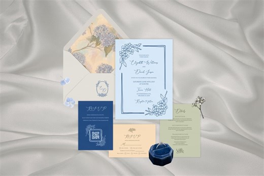Hydrangea Wedding Invitation Suite Template, Blue Floral Canva Set W RSVP   Details   QR, Monogram Crest   Envelope Liner Download - Etsy