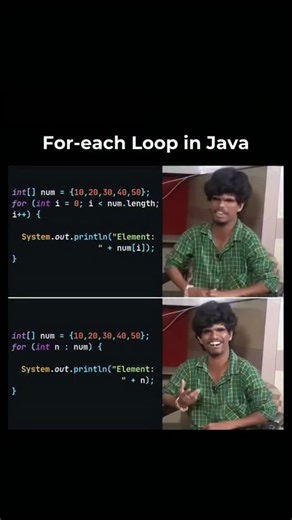 harish on Instagram: "For-each Loop in Java ☕ Follow @codingknowledge_ for more 🔥💯 @codingknowledge_ @codingknowledge_ - Join our growing community on TELEGRAM 🚀 (Link in bio) to get access to all the resources! 🌏 Don’t forget to share with friends for more support 🫂 Let's code and grow together!🤌 Follow @codingknowledge_ for more 🚀 @codingknowledge_ 🔥 @codingknowledge_ 🔥 ___________________________________ Hashtags:- #coding #java #javaprogramming #javaquestionandanswers #dsa #google #