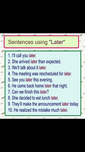 37K views · 757 reactions | Later meaning and example sentences Learn English sentences using the word "Later" Later meaning Meaning of Later #later #wordoftheday #englishteacher #englishlanguage #sentences #englishtips #englishvocabulary #vocabulary #English | English Learning | Facebook