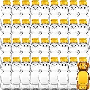 Thenshop 36 Pcs Honey Bear Bottle,Plastic Honey Squeeze Bottle,Honeybear Squeeze Jars,Cute Empty Container with Yellow Flip Lid for Syrup Sauce,Juice Storing and Dispensing, Transparent(350 Ml/ 12 oz)
