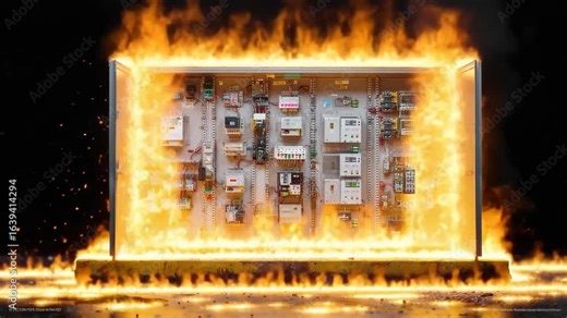 Electrical panel engulfed in flames, illustrating equipment malfunction and safety concerns.