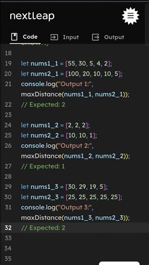 Maximum Distance Between Valid Pairs |Two Pointer Approach | LeetCode Problem Solution in JavaScript