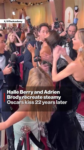 Kiss like it's 2003. 😘 Halle Berry and Adrien Brody brought all the PDA to the 2025 Oscars by recreating their controversial Academy Awards kiss on the red carpet. https://trib.al/Wkp78Bl | New York Post