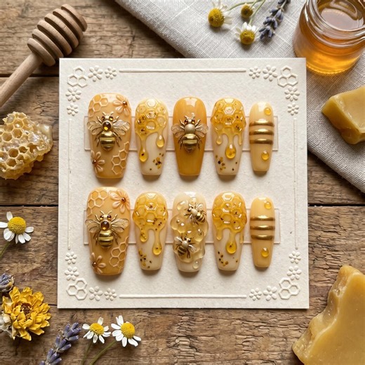 3D Honey Bee Press On Nails Set - Honeycomb Honey Drip Gold Yellow Summer Nail Art