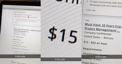 ‘The results of my first ever job search.’ A Job Listing Wants 20 Years Of Experience But Only Pays $15 An Hour