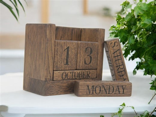 Desk Calendar Solid Oak Wenge: Handmade Wooden Perpetual Minimalist Block Decor