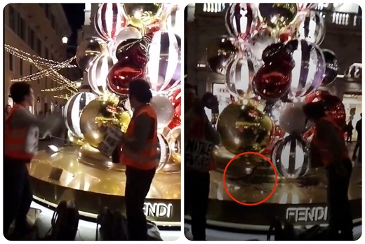 Attivisti per il clima lanciano vernice nera sull’albero di Natale Fendi in via del Corso a Roma