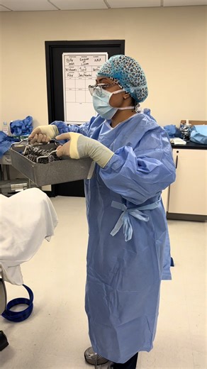 Lab today we worked on perfecting our set up (opening back table, mayo stand, and positioning instruments) #surgtechstudent #fyp #surgicaltechnologist #explorepage✨ #surgtech