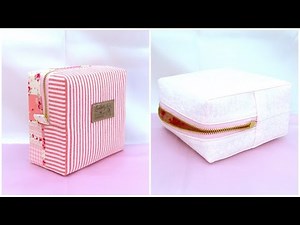 ボックスポーチ作り方 型紙なし How to sew a zipper box pouch 裏地付き 縫い代の見えない作り方 スクエアポーチ作り方 25cmファスナー使用