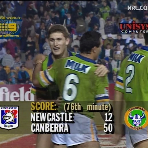 Sit back and enjoy 🤩 Throwing back to Brett Mullins' four tries against the Knights in 1994! #WeAreRaiders | Canberra Raiders