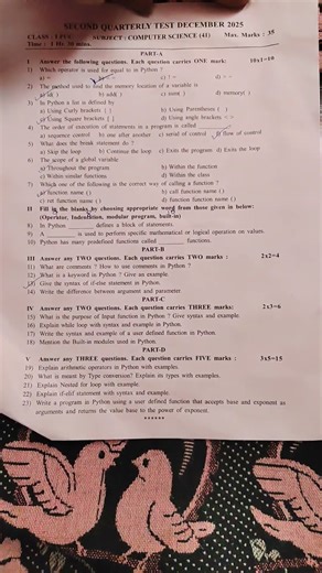 1st puc computer science 2nd quarterly question paper 2025 Karnataka