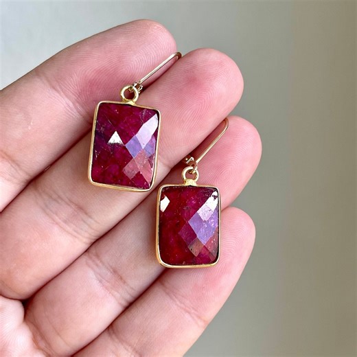 Ruby Earrings, July Birthstone, Red Ruby Baguette Earrings Bezeled in Gold Filled, Simple Ruby Jewelry, Red Rectangle Drop Jewelry for Women - Etsy
