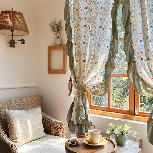 Vintage Cottagecore Ruffle Curtain, Green Floral Cotton Drapes, Rustic Farmhouse Window Treatment, Botanical Forest Style Curtains, Custom - Etsy UK