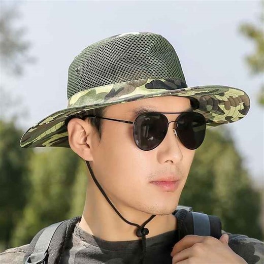 Camouflage Mesh Bucket Hats Wide Brim Beach Hat UV Protection Breathable Hunting Fishing Climbing Hiking Hat Outdoor Men Sun