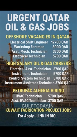 Urgent Hiring in Qatar – Oil & Gas Jobs | Offshore & Onshore Vacancies 2026 👉 Apply Details: https://shorturl.at/ANjBU Follow the Gulf Jobs channel on WhatsApp for latest updates> https://bit.ly/44YzsXl Looking for a high-paying career in the Middle East? Qatar’s leading Oil & Gas company is hiring NOW! 💼 Vacancies: 🔹 Electrical Engineers (12,700 QAR) 🔹 Workshop Foreman (8,000 QAR) 🔹 Technicians – Electrical, Instrument, HVAC (3,700–5,700 QAR) 🔹 DCS Operators & Support Staff ✨ Tax-free sal