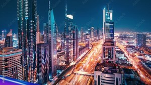 Dubai cityscape timelapse view at evening with illuminated skyscrapers and busy car traffic on the streets. Nightlife concept
