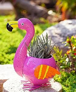 Philodwell Metal Flamingo Flower Plant Pots: Cute Animal Planter for Outdoor Indoor Garden Office Desk Decor - Gifts for Mom Grandma