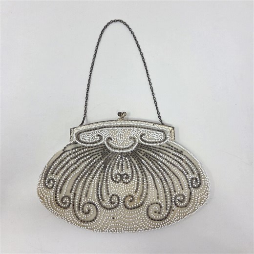 1920s Art Deco Cream Handbag With White & Dark Gray Micro Beads | Purse | Wedding | Classic Bridal Style - Etsy