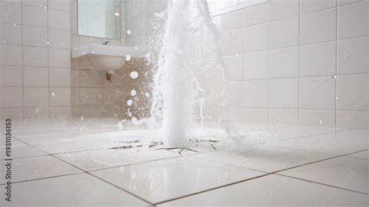 Water explodes from a broken floor tile in a clean bathroom, creating a massive white splash.