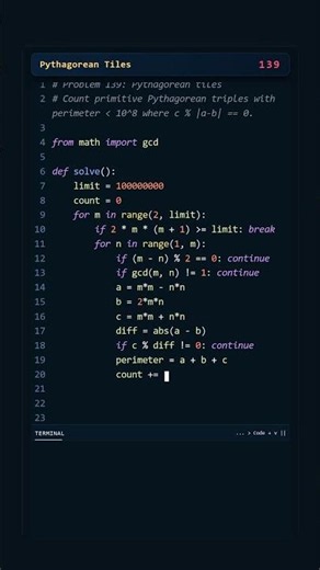 Project Euler #139: Pythagorean Tiles | Python #coding #python #programming