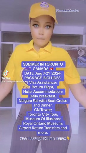 SUMMER IN TORONTO, CANADATake a Trip to Toronto Canada with us this Summer.Travel Date: 7th - 24th August, 2024.You can travel on this trip alone, with your family, or group of friends.We have two different Packages for you to Experience the Sweetest Part of Toronto, Canada.PACKAGE ONE:$3,600USD per person in a private room.$2,250USD per person in a sharing room.$1,850USD per child.Package includes:Visa Processing Assistance;Hotel Accommodation;Daily Breakfast;Tours: NAIGARA fall day and evening